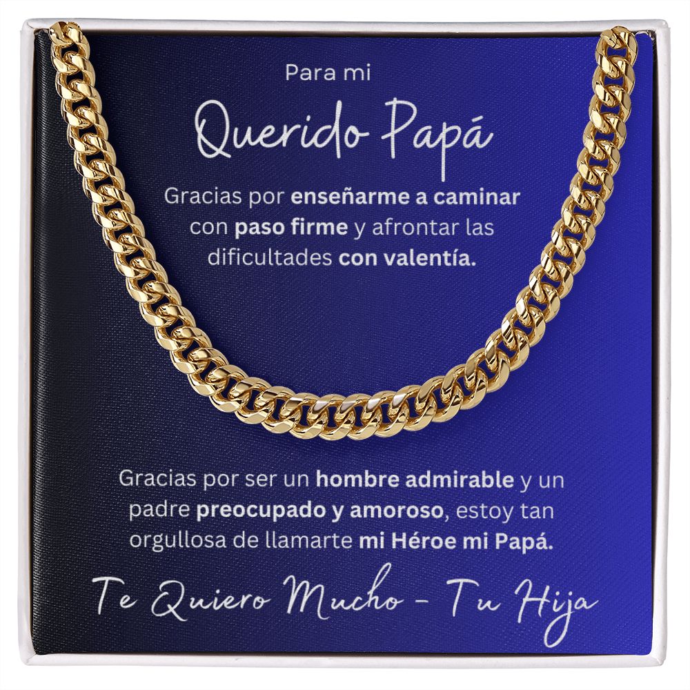 Regalo Para Mi Querido Papa Cadena De Eslabones Cubanos Para Padre de Hija (CAJA REGALO DE LUJO CON LUZ + CADENA AJUSTABLE)