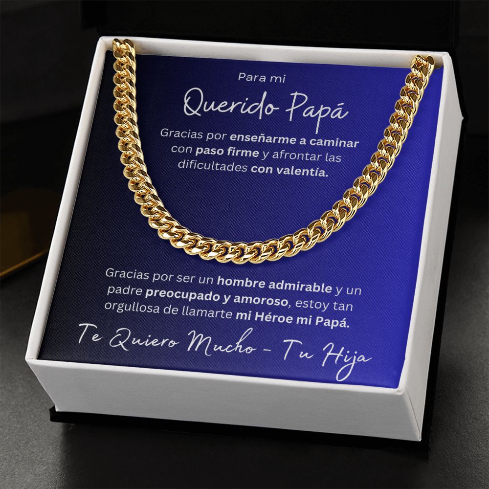 Regalo Para Mi Querido Papa Cadena De Eslabones Cubanos Para Padre de Hija (CAJA REGALO DE LUJO CON LUZ + CADENA AJUSTABLE)