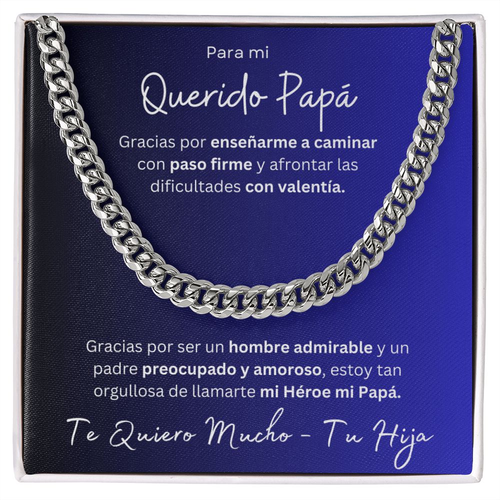 Regalo Para Mi Querido Papa Cadena De Eslabones Cubanos Para Padre de Hija (CAJA REGALO DE LUJO CON LUZ + CADENA AJUSTABLE)