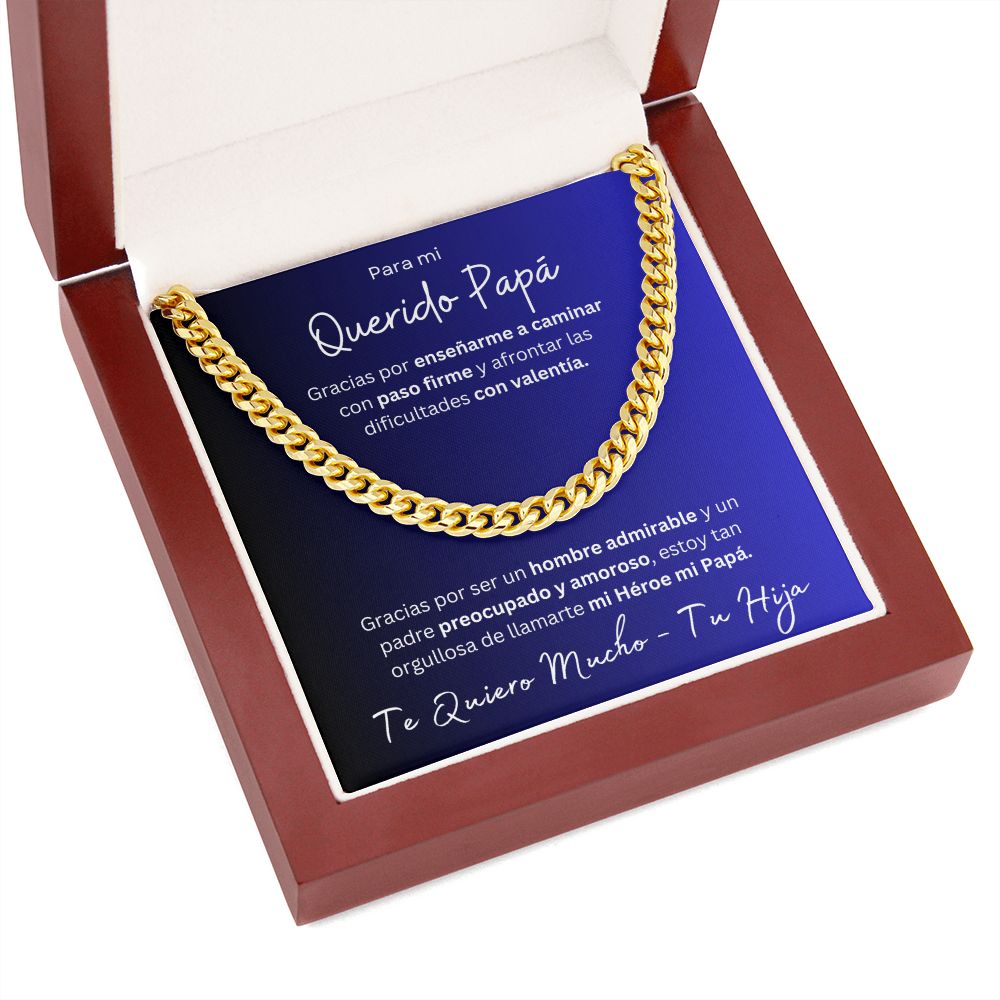 Regalo Para Mi Querido Papa Cadena De Eslabones Cubanos Para Padre de Hija (CAJA REGALO DE LUJO CON LUZ + CADENA AJUSTABLE)