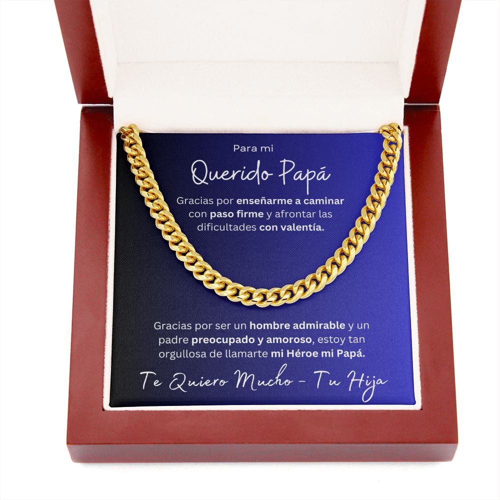 Regalo Para Mi Querido Papa Cadena De Eslabones Cubanos Para Padre de Hija (CAJA REGALO DE LUJO CON LUZ + CADENA AJUSTABLE)