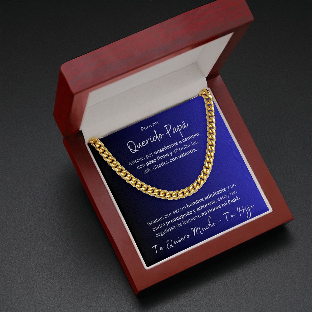 Regalo Para Mi Querido Papa Cadena De Eslabones Cubanos Para Padre de Hija (CAJA REGALO DE LUJO CON LUZ + CADENA AJUSTABLE)