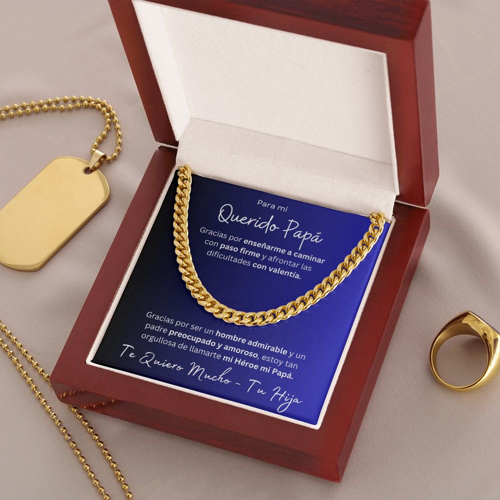Regalo Para Mi Querido Papa Cadena De Eslabones Cubanos Para Padre de Hija (CAJA REGALO DE LUJO CON LUZ + CADENA AJUSTABLE)