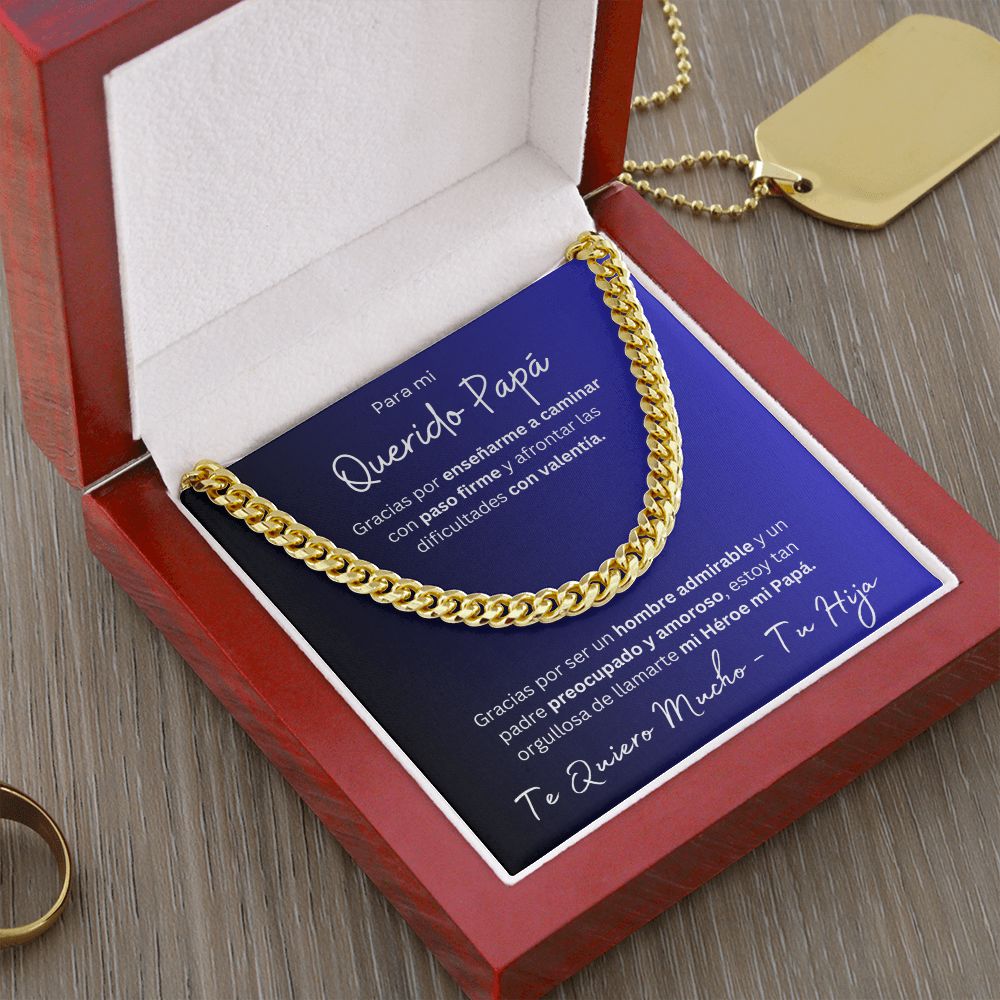 Regalo Para Mi Querido Papa Cadena De Eslabones Cubanos Para Padre de Hija (CAJA REGALO DE LUJO CON LUZ + CADENA AJUSTABLE)