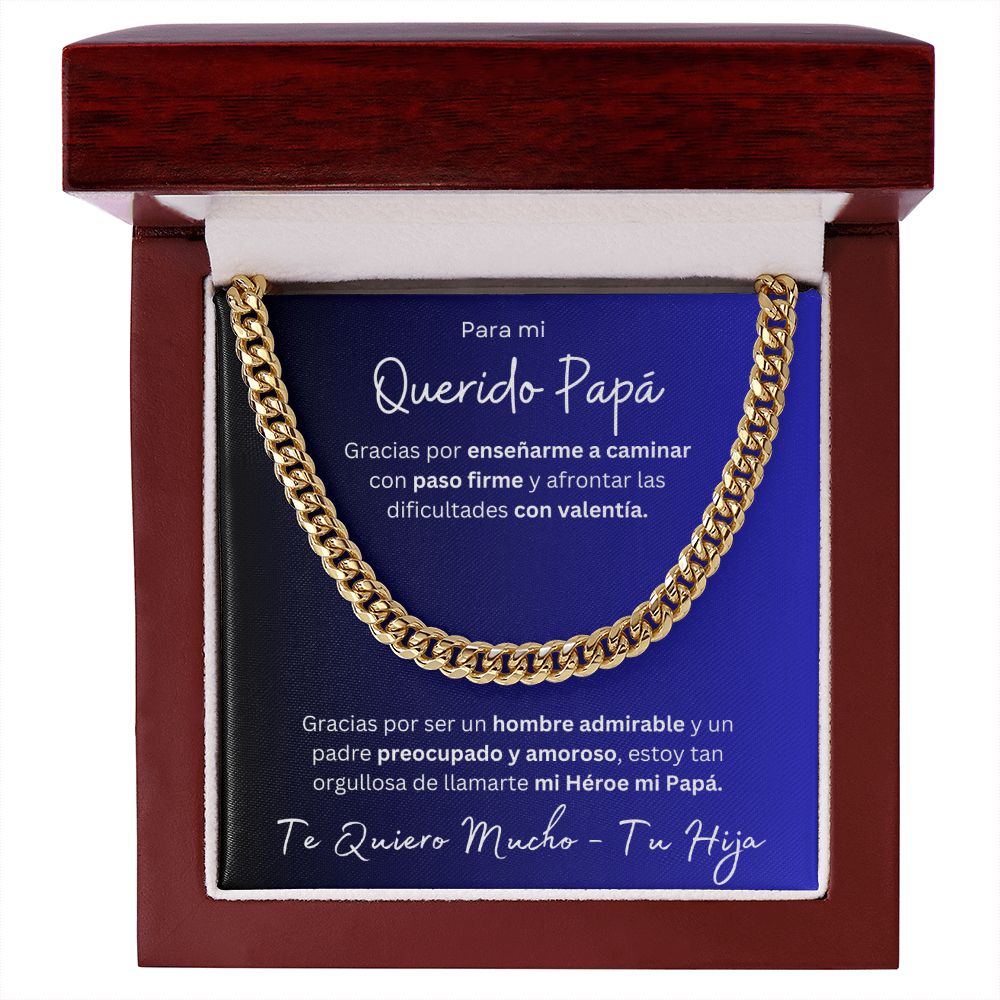 Regalo Para Mi Querido Papa Cadena De Eslabones Cubanos Para Padre de Hija (CAJA REGALO DE LUJO CON LUZ + CADENA AJUSTABLE)
