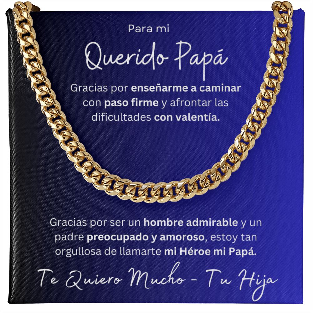 Regalo Para Mi Querido Papa Cadena De Eslabones Cubanos Para Padre de Hija (CAJA REGALO DE LUJO CON LUZ + CADENA AJUSTABLE)