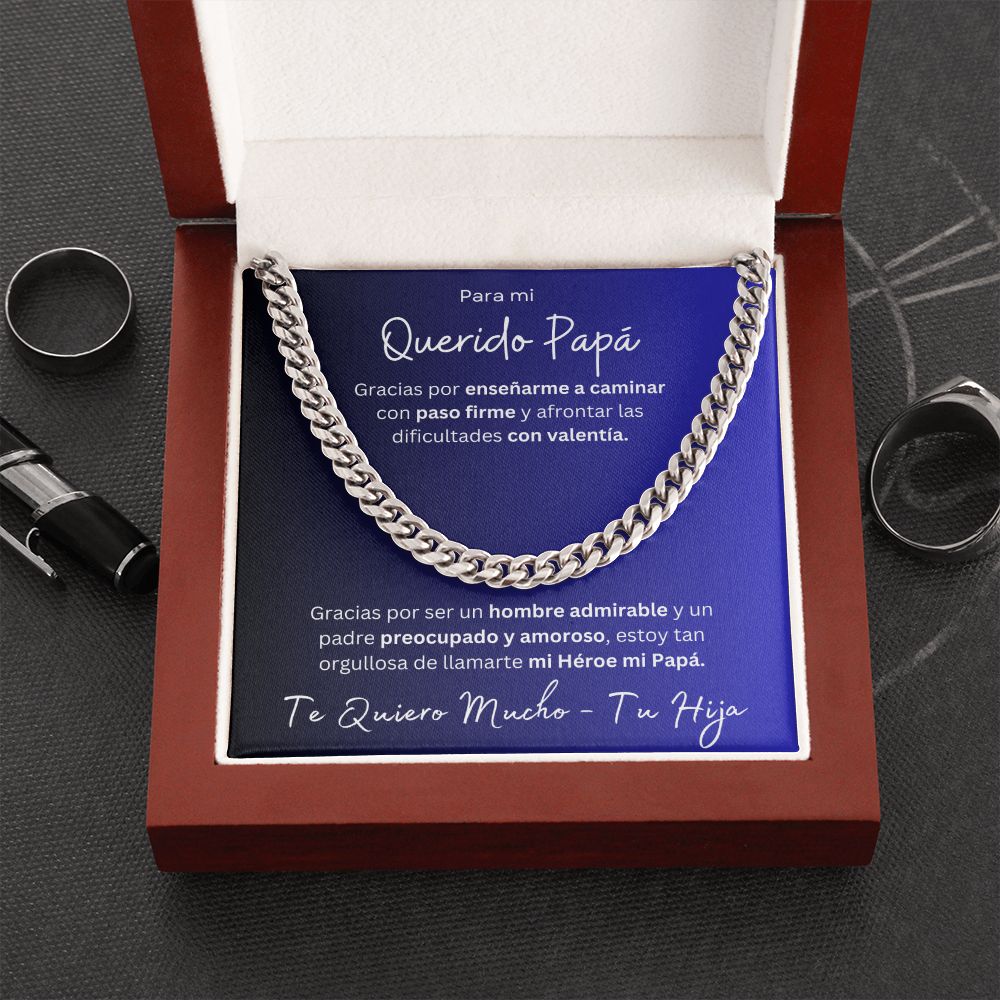 Regalo Para Mi Querido Papa Cadena De Eslabones Cubanos Para Padre de Hija (CAJA REGALO DE LUJO CON LUZ + CADENA AJUSTABLE)