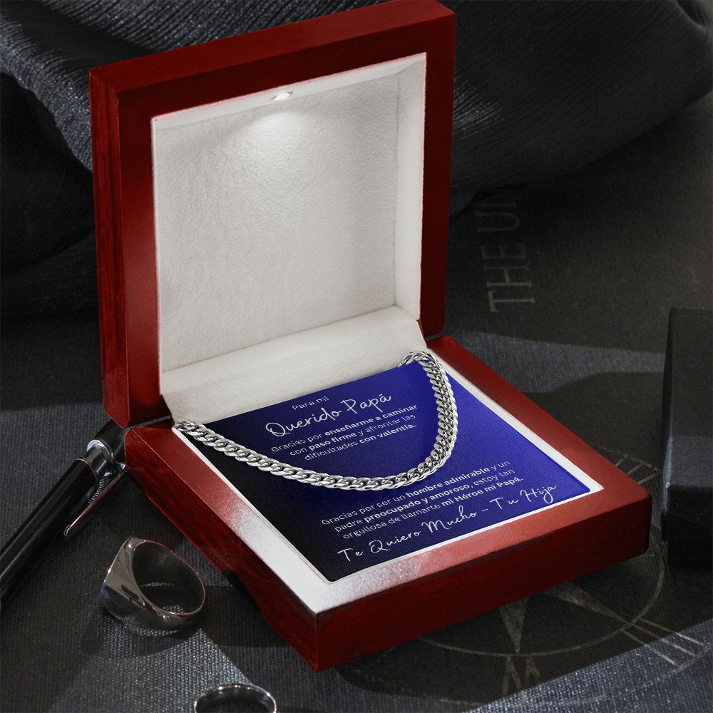 Regalo Para Mi Querido Papa Cadena De Eslabones Cubanos Para Padre de Hija (CAJA REGALO DE LUJO CON LUZ + CADENA AJUSTABLE)