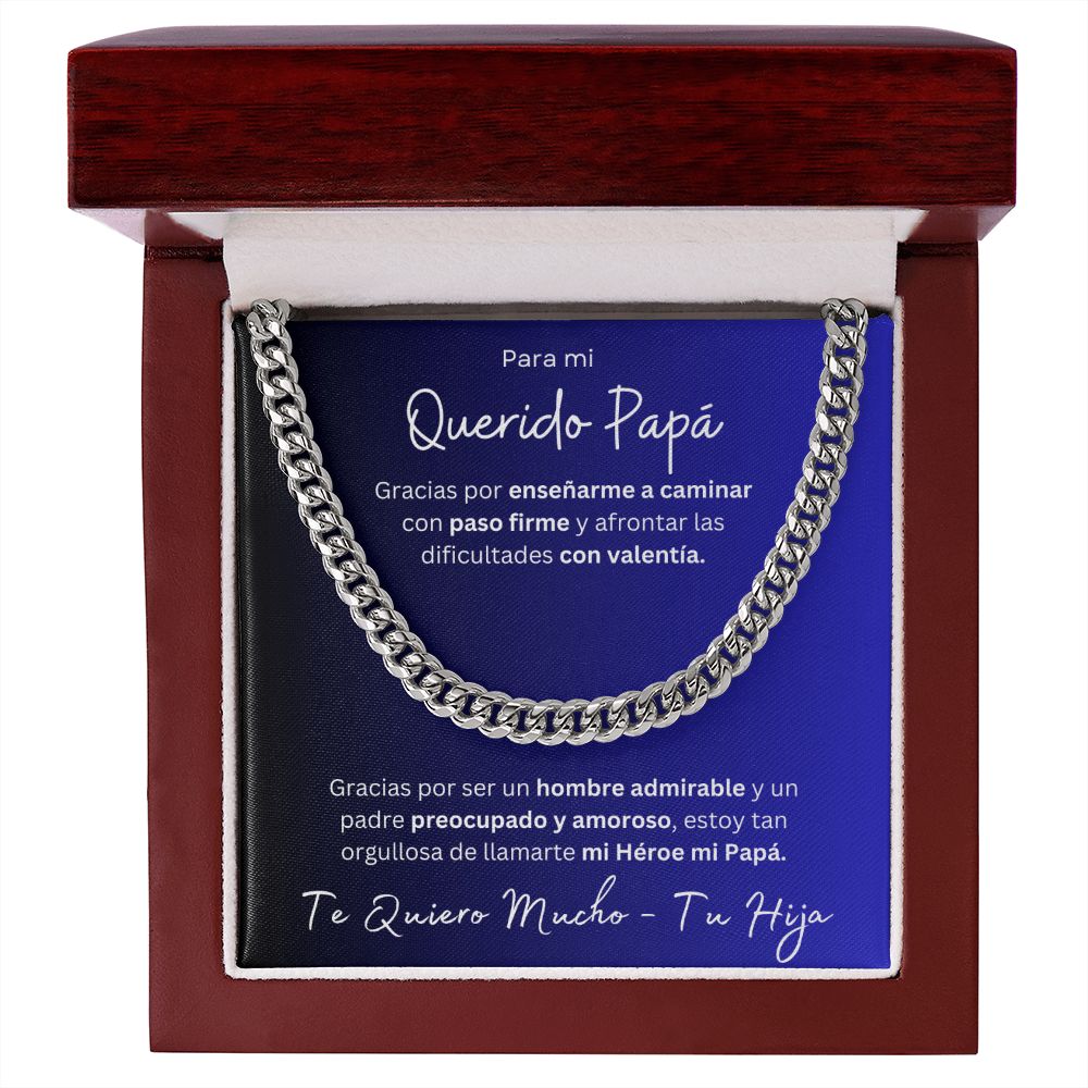 Regalo Para Mi Querido Papa Cadena De Eslabones Cubanos Para Padre de Hija (CAJA REGALO DE LUJO CON LUZ + CADENA AJUSTABLE)