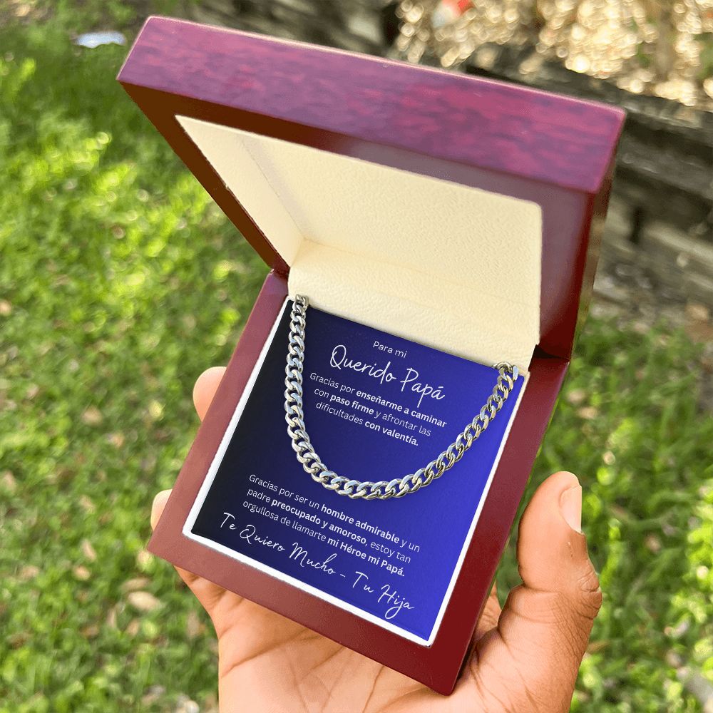 Regalo Para Mi Querido Papa Cadena De Eslabones Cubanos Para Padre de Hija (CAJA REGALO DE LUJO CON LUZ + CADENA AJUSTABLE)